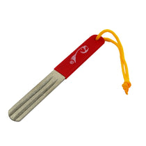 Red diamond file with metal abrasive surface and yellow lanyard loop