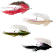 Red and white streamer fly with feathery tail, translucent wing, and metal hook