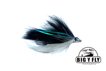 Mini fly lure with black and white feather body, teal flash, small hook eye
