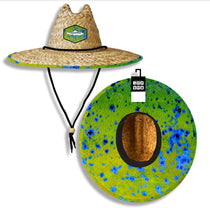 Straw sun hat with wide brim, green-blue fish print patch and chin tie