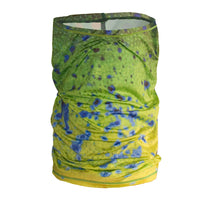 Neck gaiter with green base and blue speckled pattern, stretchy tube with gathered seam