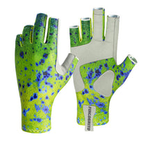 Green-and-blue speckled sun gloves with gray palm and full fingers