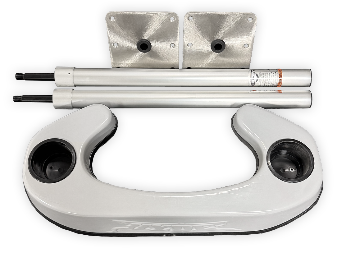 White double leg brace assembly with two rods, black cuffs, and metal mounting plates