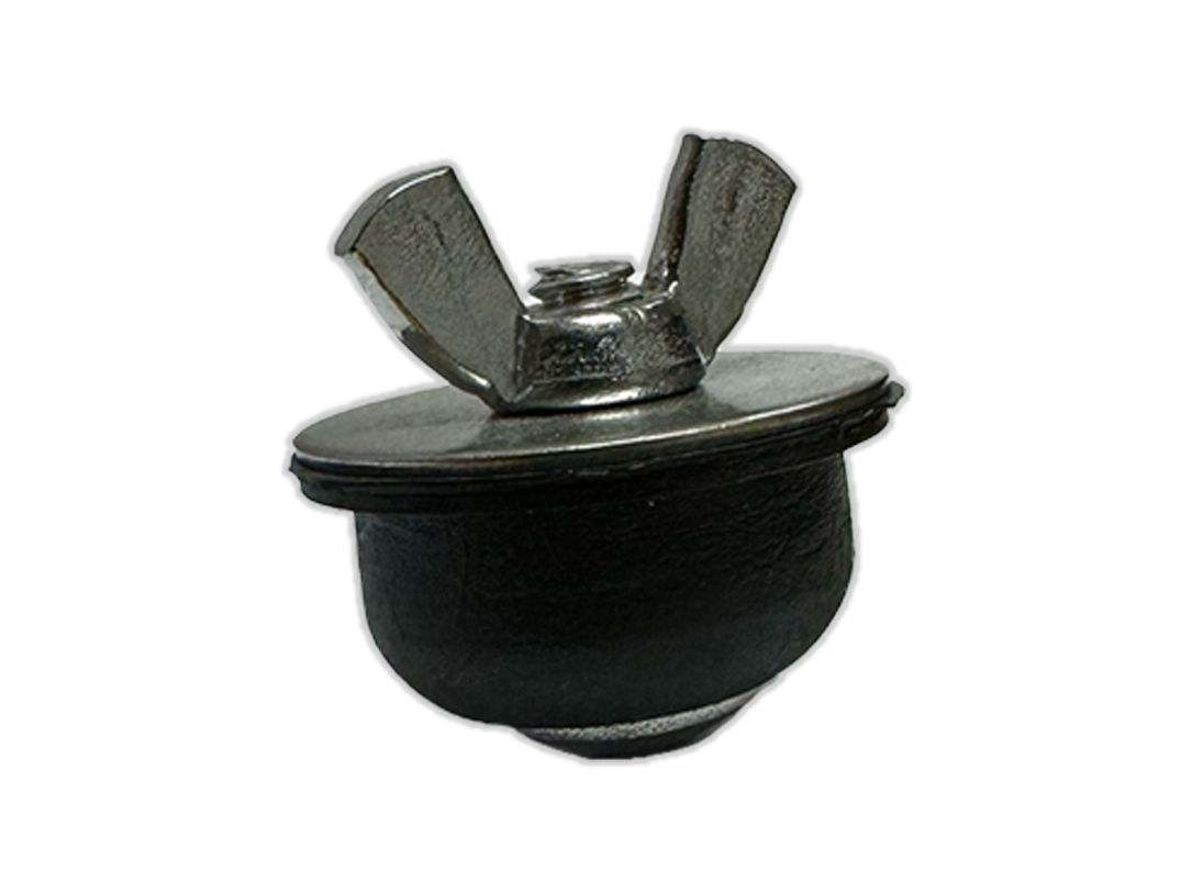 Drift boat drain plug with silver metal insert and black rubber base