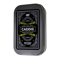 Fly assortment tin with Caddis LifeCycle branding and DriftHawk fly fishing label