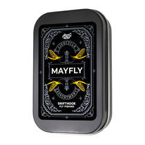 Fly assortment tin with Mayfly branding and decorative gold logo