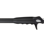 Fishing rod rear grip with textured carbon fiber handle, black rubber and red accent