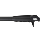 Fishing rod rear grip with textured carbon fiber handle, black rubber and red accent