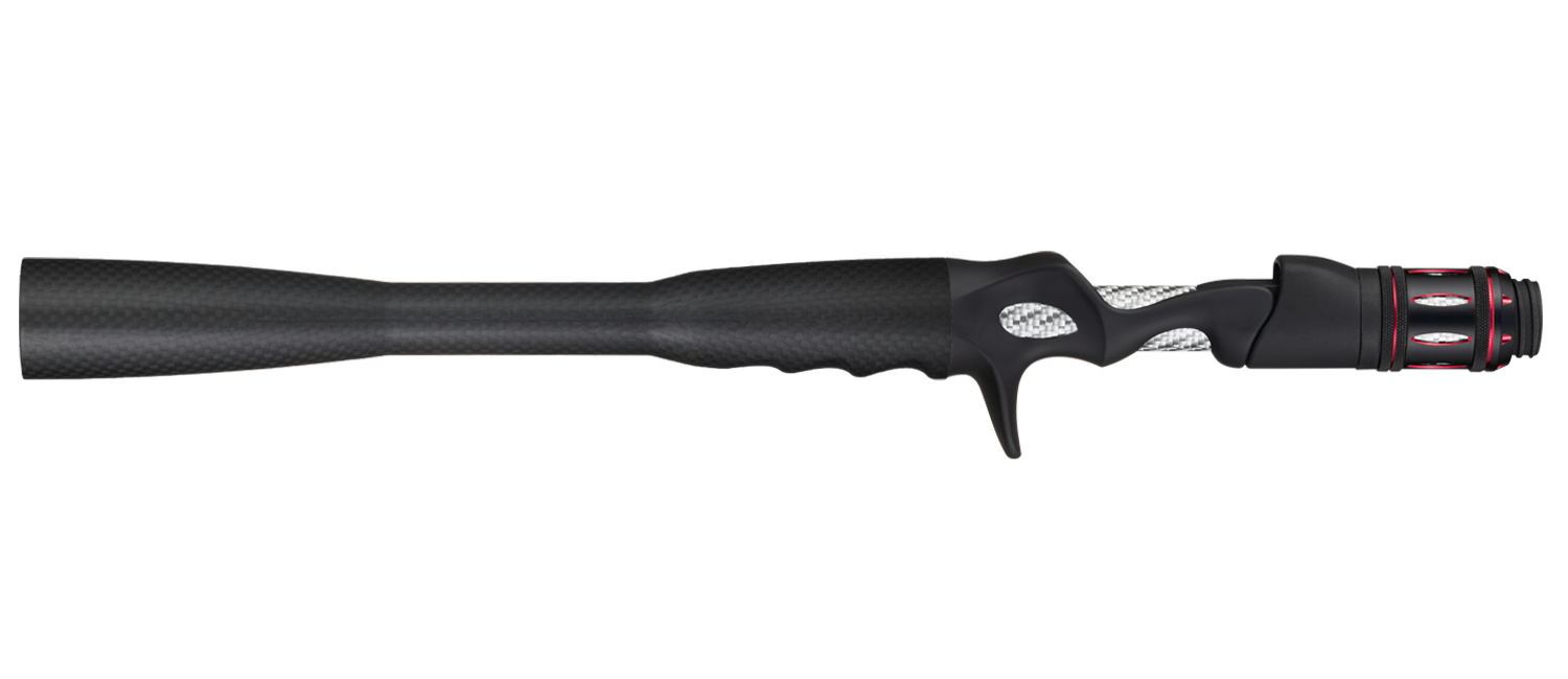 Fishing rod rear grip with textured carbon fiber handle, black rubber and red accent