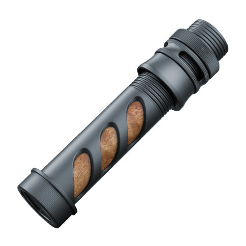 Rosewood insert with three oval cut-outs inside dark metal fly reel seat