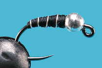 Barbless tungsten midge lure, black body with silver head and loop eye hook