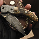 Everyday Carry Custom Handcrafted Damascus Steel Folding Pocket Knife with Mountain Sheep Horn & Damascus Bolster Handle – The Summit