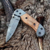 Everyday Carry Damascus Steel Folding Pocket Knife with Olivewood Handle – The Woodland Edge