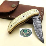 Everyday Carry Hand Engraved Damascus Steel Folding Pocket Knife with Brass Handle – The Artisan