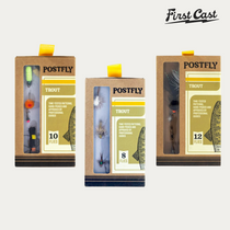Trout fly assortment starter kit boxes, three packages with yellow tabs
