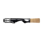 Fishing reel seat with cork fore grip handle, black and light tan
