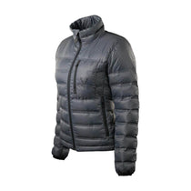 Women's puffer down jacket, dark charcoal/black, full zip, standing collar, quilted panels