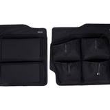 Pair of black lower rear door storage panels with multiple zip pockets