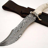 Fancy Bowie Knife - Custom Handcrafted Damascus Steel Blade, Bone Handle with Brass Guard and Spacers, 15" Overall Length | Leather Sheath | KBS Knives