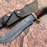 Fancy Bowie Knife - Custom Handcrafted Damascus Steel Blade, Colored Woods Handle, Brass Spacers and Guard, 15" Overall Length | Leather Sheath | KBS Knives