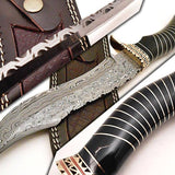 Fancy Bowie Knife - Custom Handcrafted Damascus Steel Blade, Natural Buffalo Horn Handle with Brass Guard and Spacers, 15" Overall Length | Leather Sheath | KBS Knives