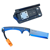 EDC survival knife with blue handle, gray chisel blade, and black snap belt pouch