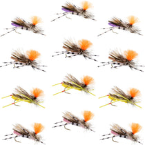 High-visibility dry fly assortment: orange foam hopper flies with brown wings and legs