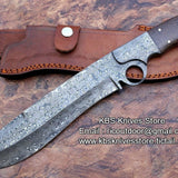 Finger Hole Bowie Knife - Custom Handcrafted Full Tang Raindrops Damascus Steel Blade, Walnut Wood Handle with Damascus Bolsters, 15" Overall Length | Leather Sheath | KBS Knives