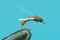 Midge pupa fishing fly with brown body and black head on a curved hook