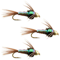 Three bead-head nymph fishing flies, green and bronze with brown hackle, size 16