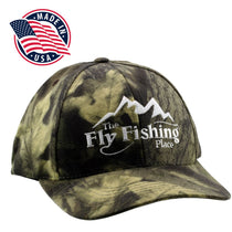 Low profile mossy camo cap with front Fly Fishing Place logo patch