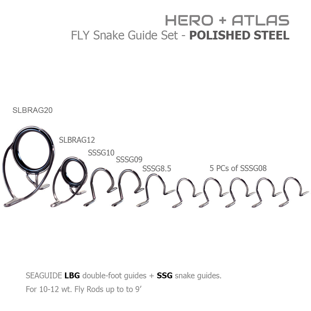 Polished steel fly snake guide set with two ring guides and several snake guides