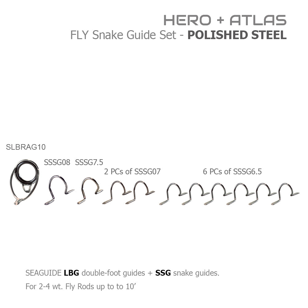 Polished steel fly snake guide set with one ring guide and several snake guides