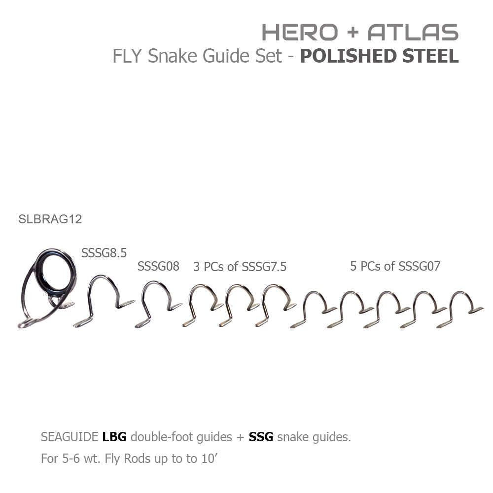 Polished steel fly snake guide set with one ring guide and a longer line of snake guides