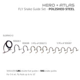 Polished steel fly snake guide set with one ring guide and a longer line of snake guides