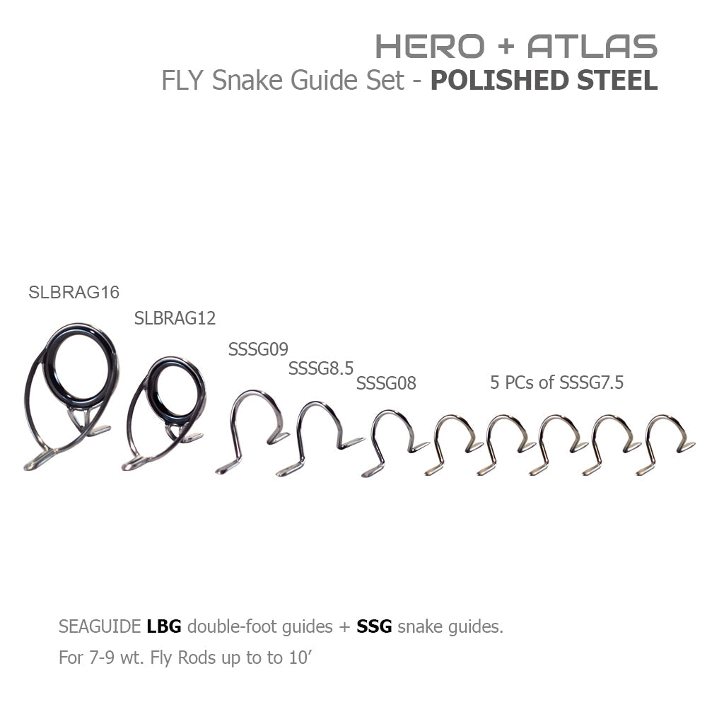 Polished steel fly snake guide set with two ring guides and multiple snake guides