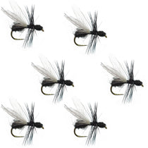 Set of six black dry flies with silver wings and barbless hooks