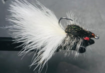 Feathered fishing lure with white hackle and black body, metal eye and hook