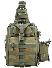 Military green tactical sling pack with MOLLE straps and front pouches