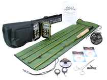 Fly fishing kit with green 4-piece fiberglass rod, reel, tackle in zip case