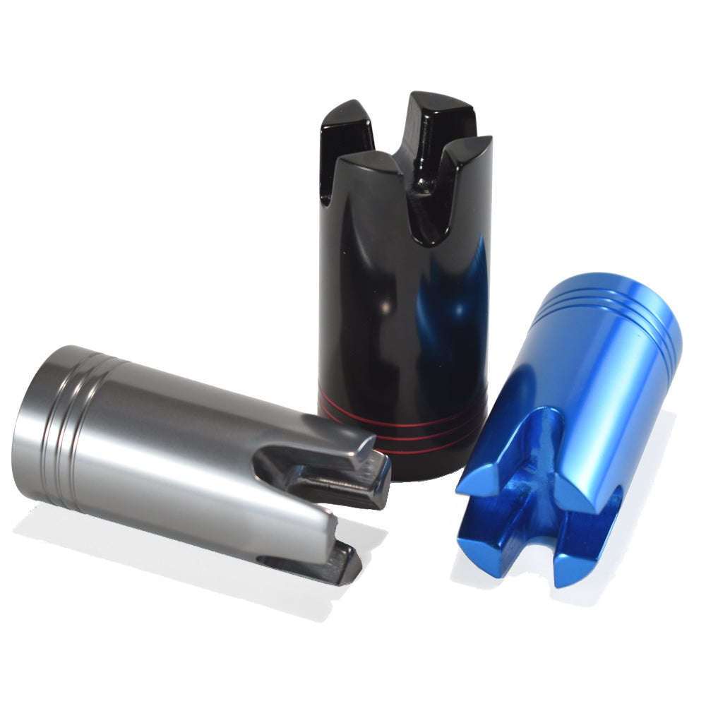 Aluminum gimbal parts with polished silver, black, and blue protective sleeves
