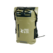 Olive waterproof dry bag backpack with roll-top, black shoulder straps, and FROG & CO. logo