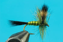 Green drake mayfly dry fly with green segmented body, tan wing, dark tail fibers