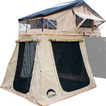 Roof top tent with beige canvas, dark windows, and orange trim—4 person size