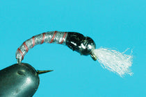 Gun metal tungsten chironomid fly lure with red-speckled metallic body and white tail