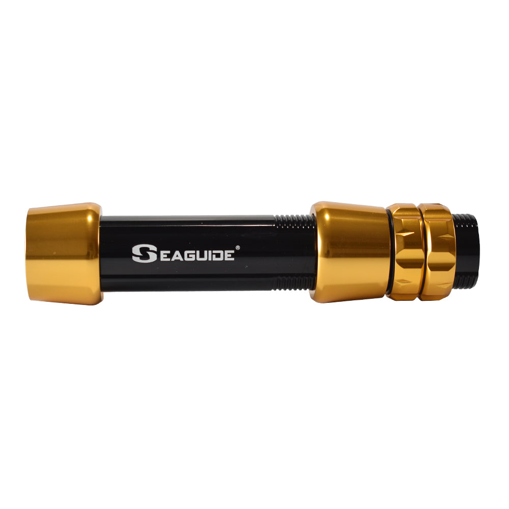 Gold boat rod reel seat with metal hoods and segmented locking nut