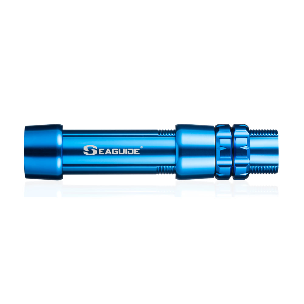 Bright blue boat rod reel seat with metal hoods and segmented locking nut