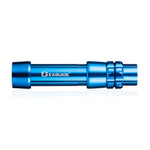 Bright blue boat rod reel seat with metal hoods and segmented locking nut