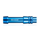 Bright blue boat rod reel seat with metal hoods and segmented locking nut