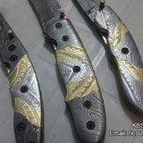 Everyday Carry Set of 3 Hand Engraved Damascus Steel Folding Pocket Knives with Steel and Brass Handles – The TriGuard Collection